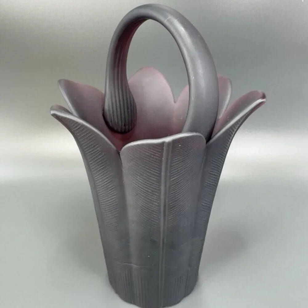 Mikasa Frosted Plum Purple Glass‎ Vase Basket Bowl Flower Shaped Japan Satin VTG